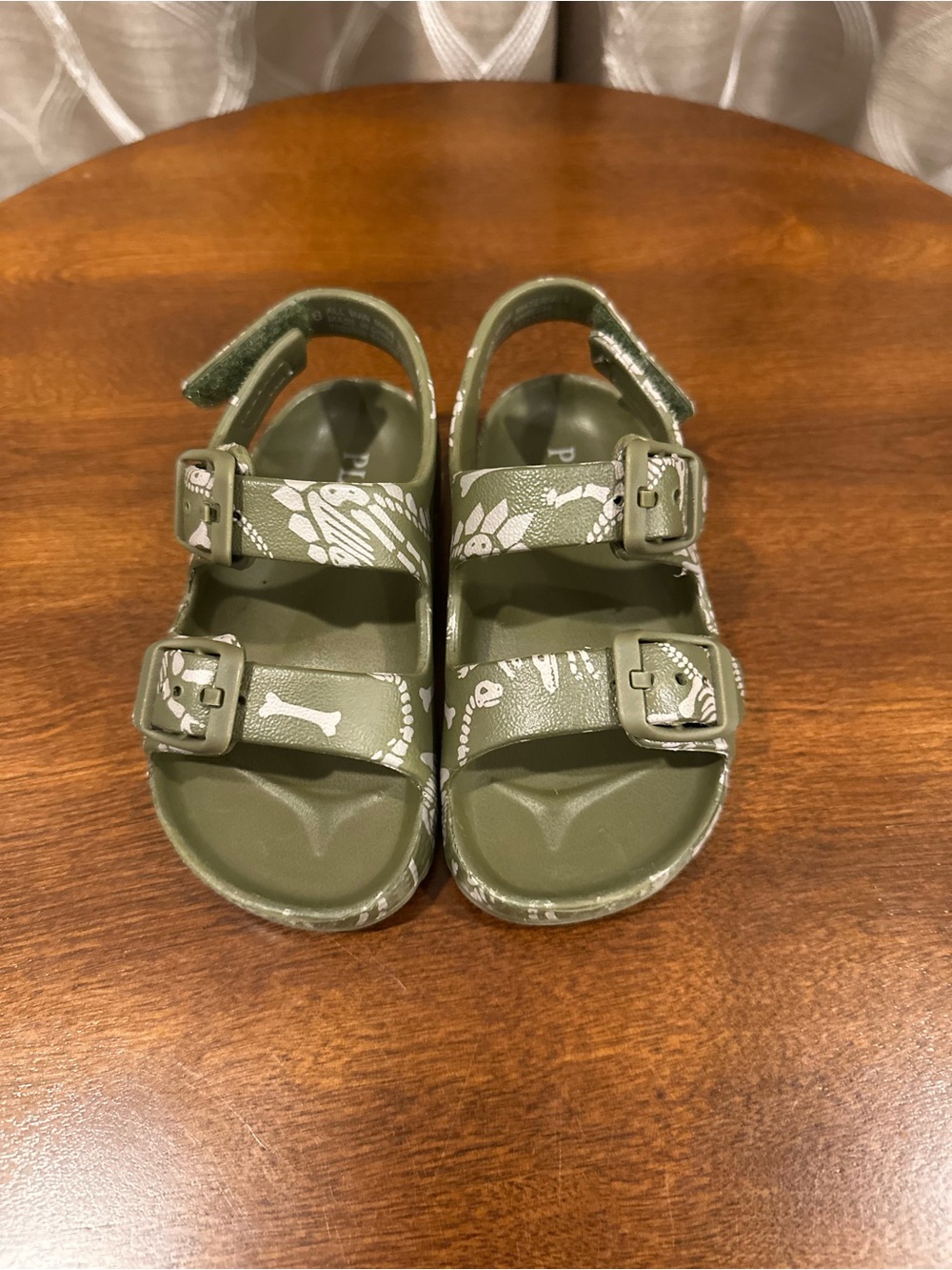 The Children's Place Olive Green Dino Buckle Sandals with White Print